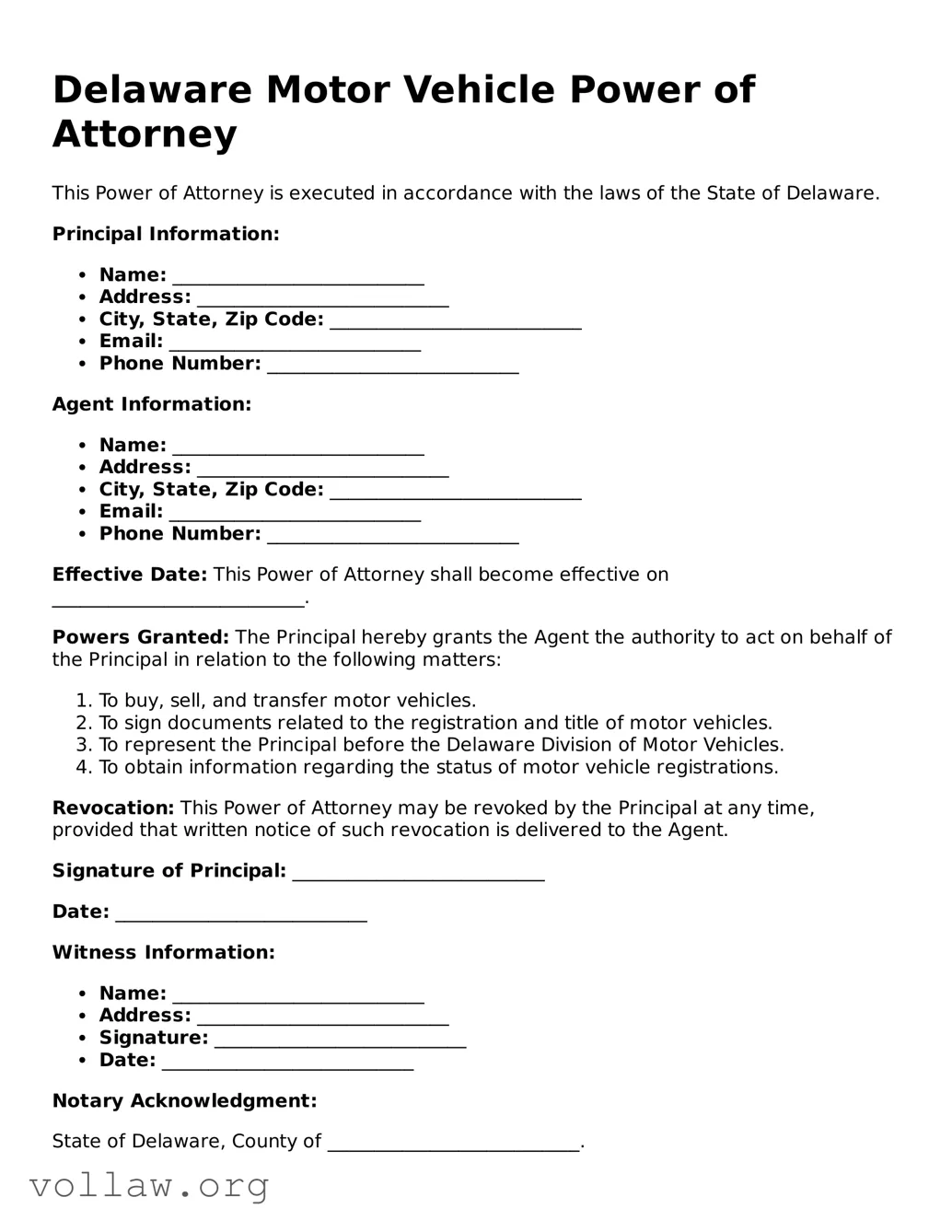 Attorney-Verified  Motor Vehicle Power of Attorney Form for Delaware