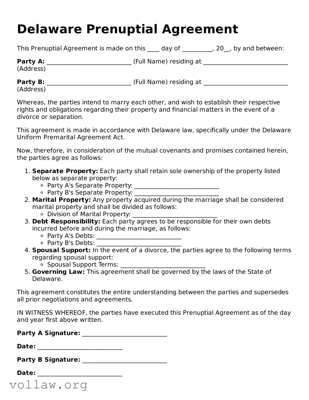 Attorney-Verified  Prenuptial Agreement Form for Delaware