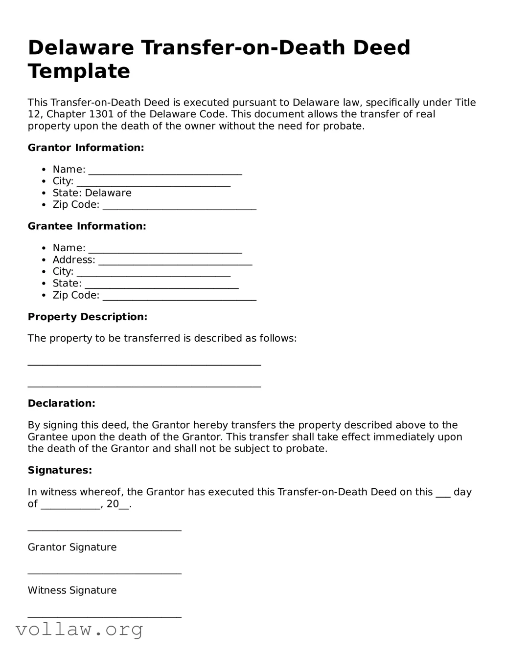 Attorney-Verified  Transfer-on-Death Deed Form for Delaware