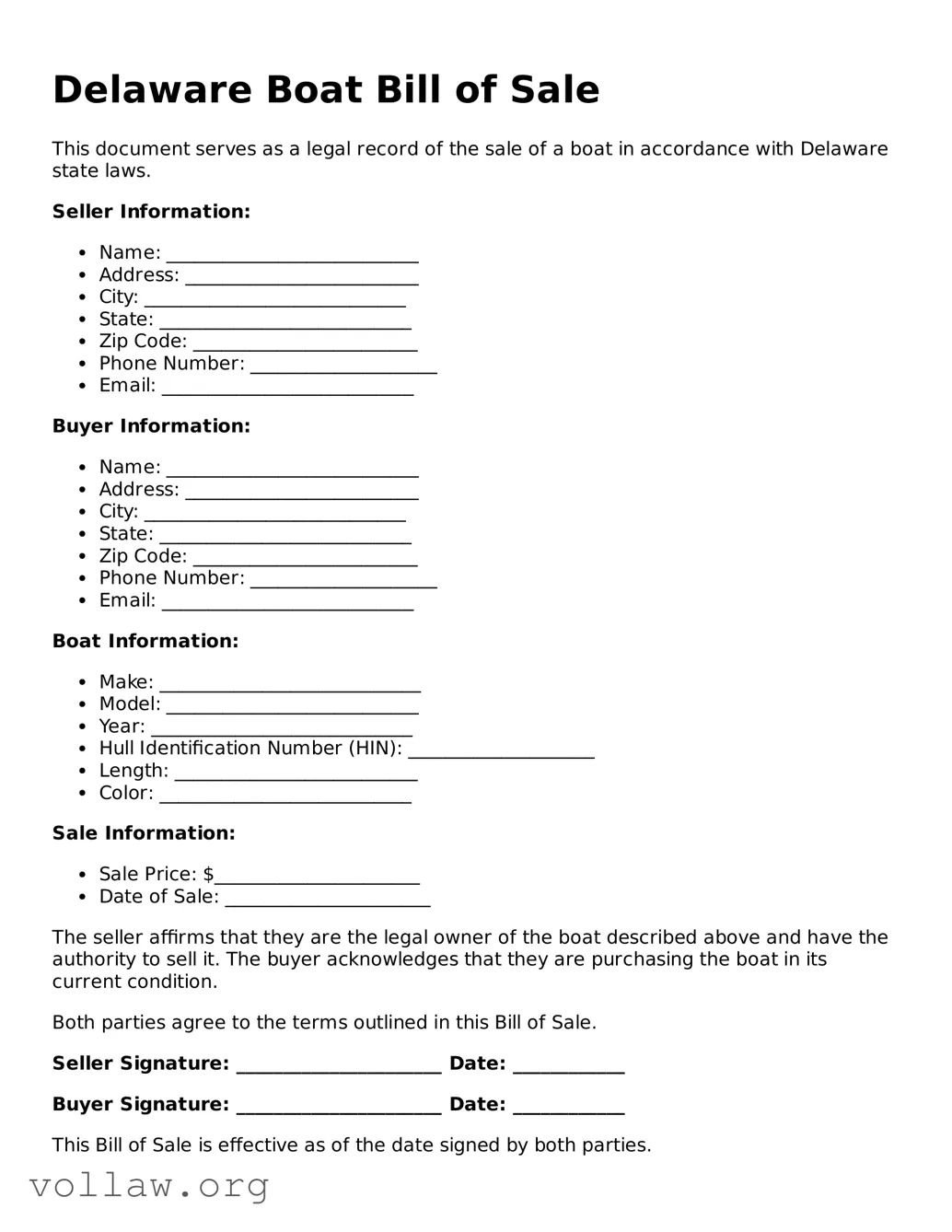 Attorney-Verified  Boat Bill of Sale Form for Delaware