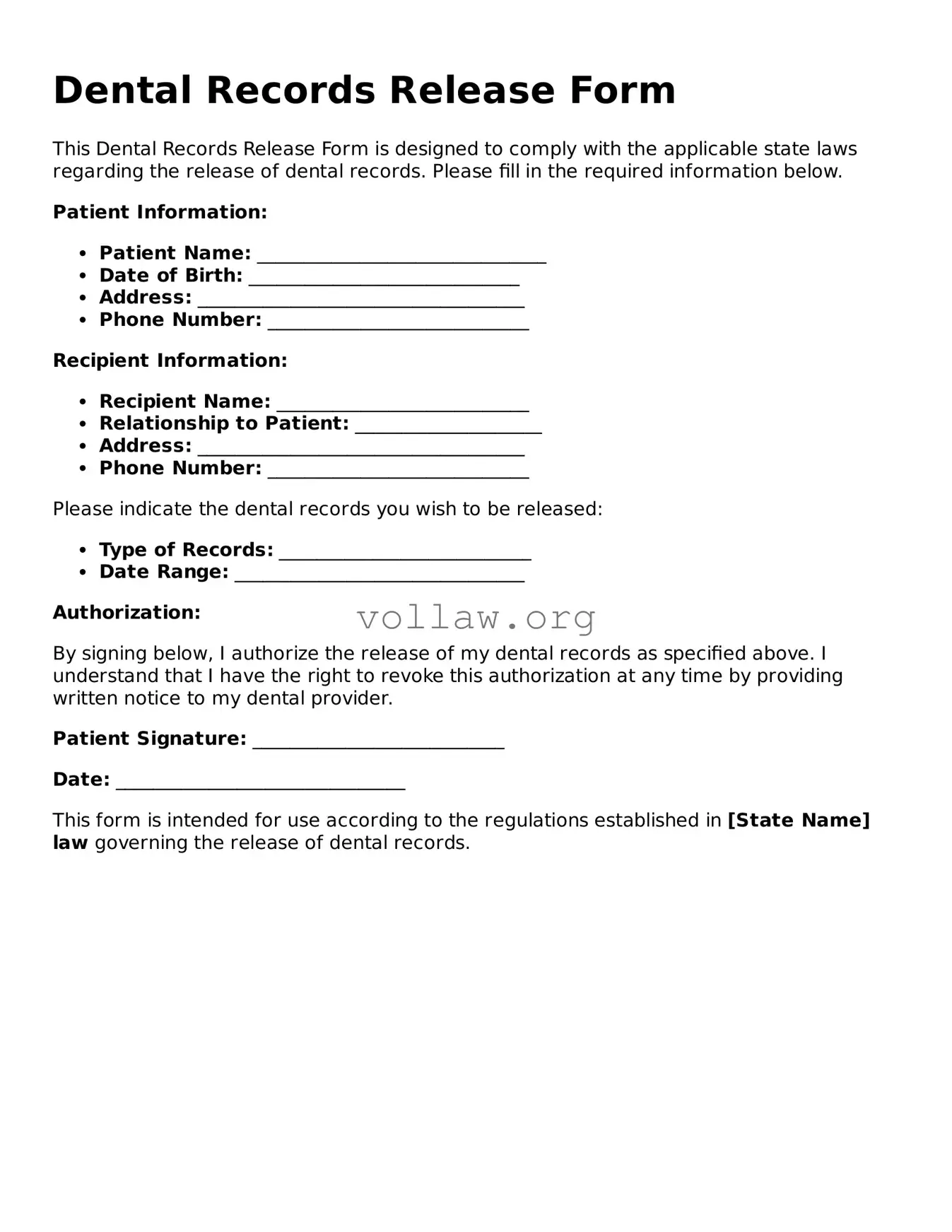 Free Dental Records Release Form