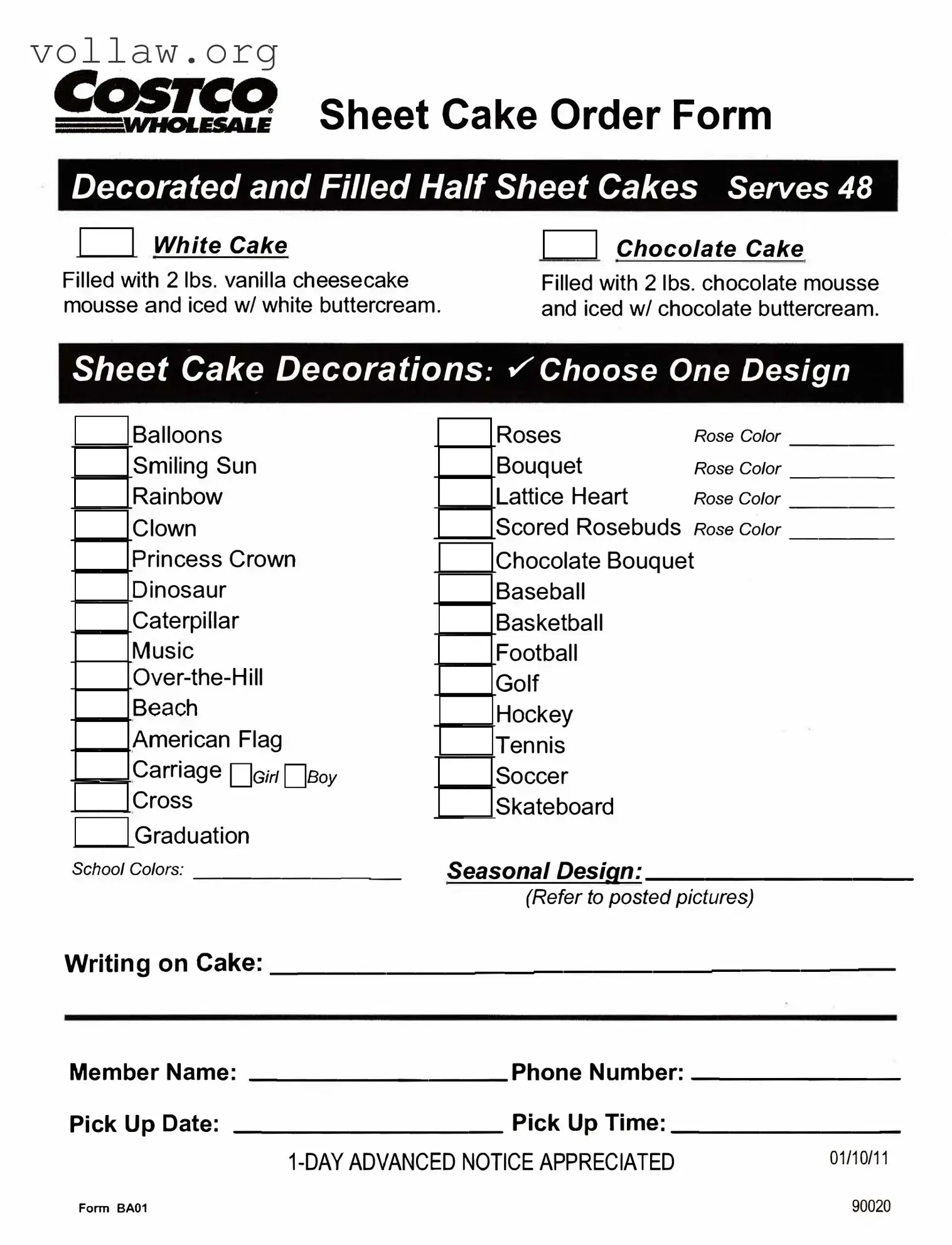 Costco cake order form Template