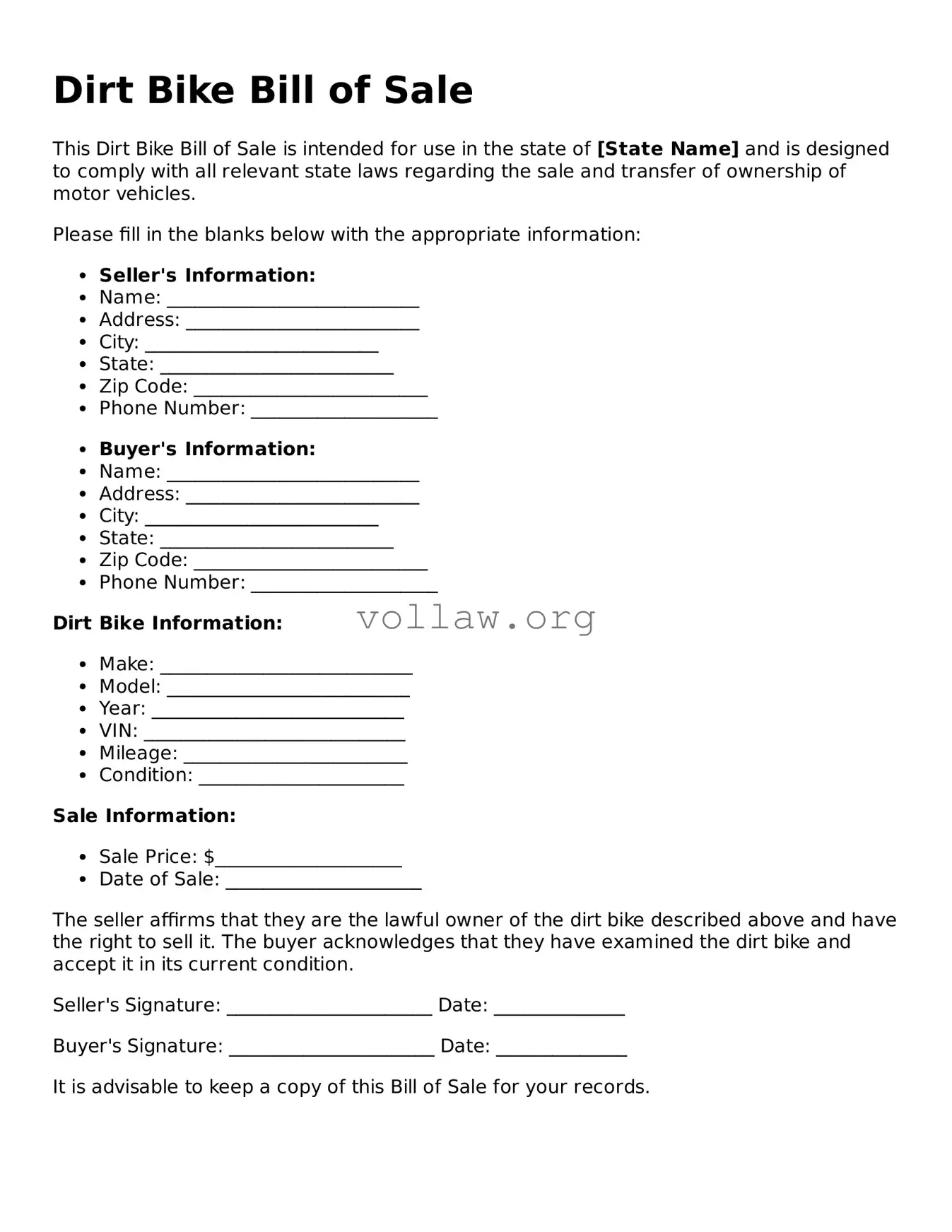 Free Dirt Bike Bill of Sale Form