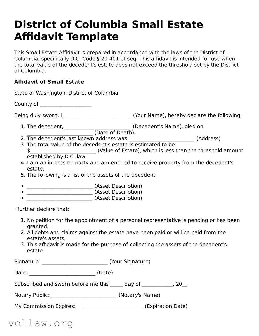 Attorney-Verified  Small Estate Affidavit Form for District of Columbia