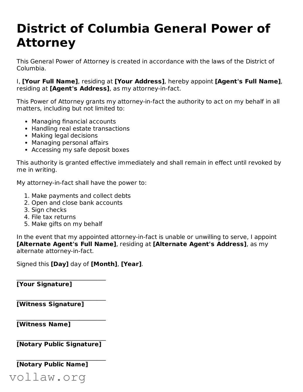 Attorney-Verified  General Power of Attorney Form for District of Columbia