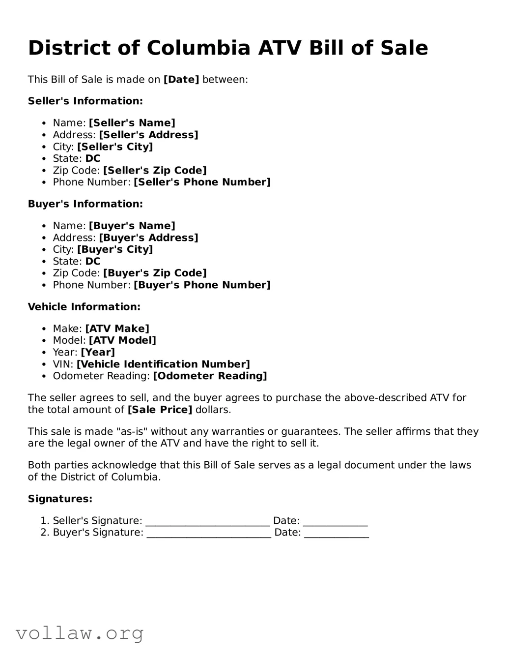 Attorney-Verified  ATV Bill of Sale Form for District of Columbia