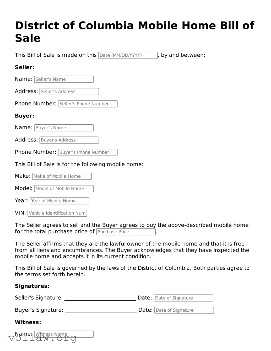 Attorney-Verified  Mobile Home Bill of Sale Form for District of Columbia