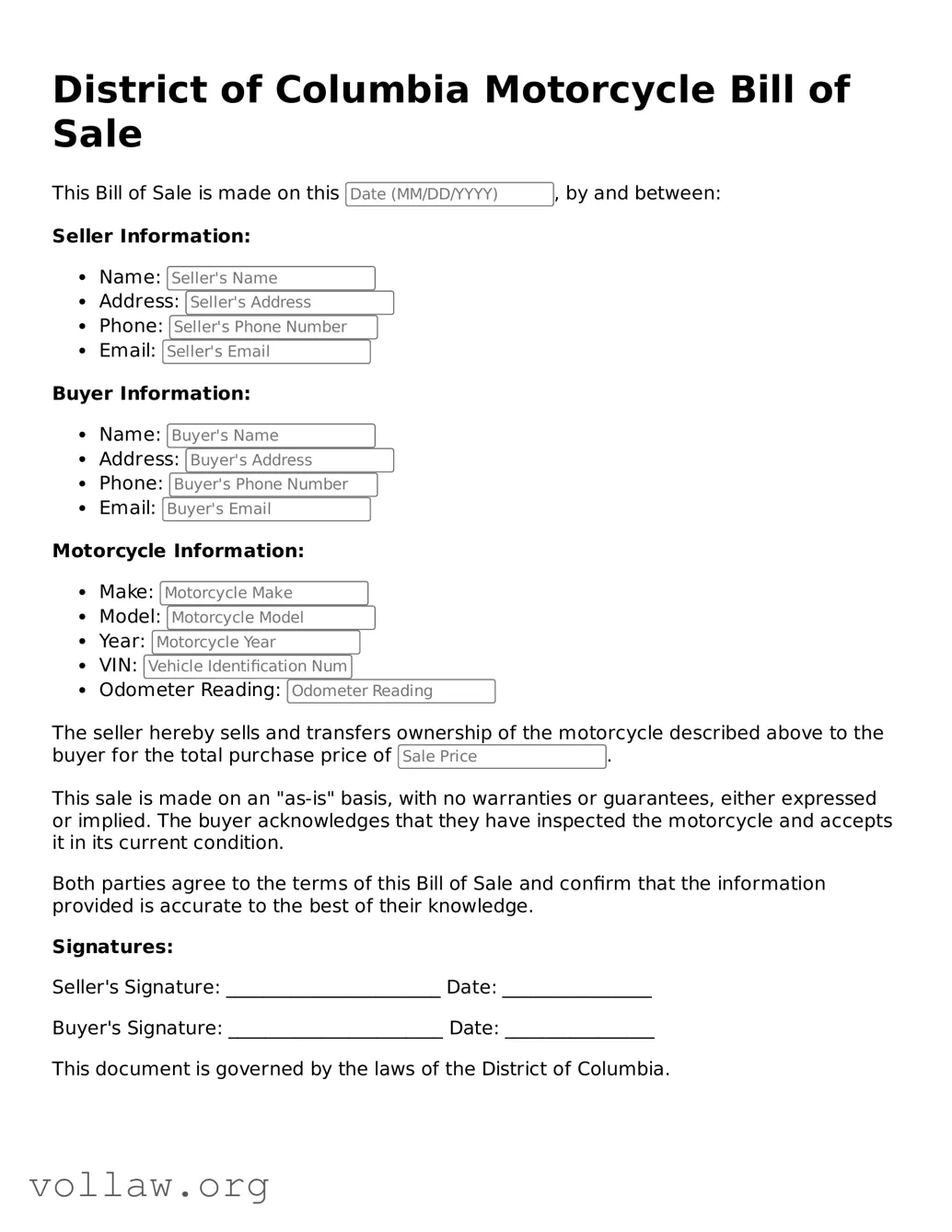 Attorney-Verified  Motorcycle Bill of Sale Form for District of Columbia
