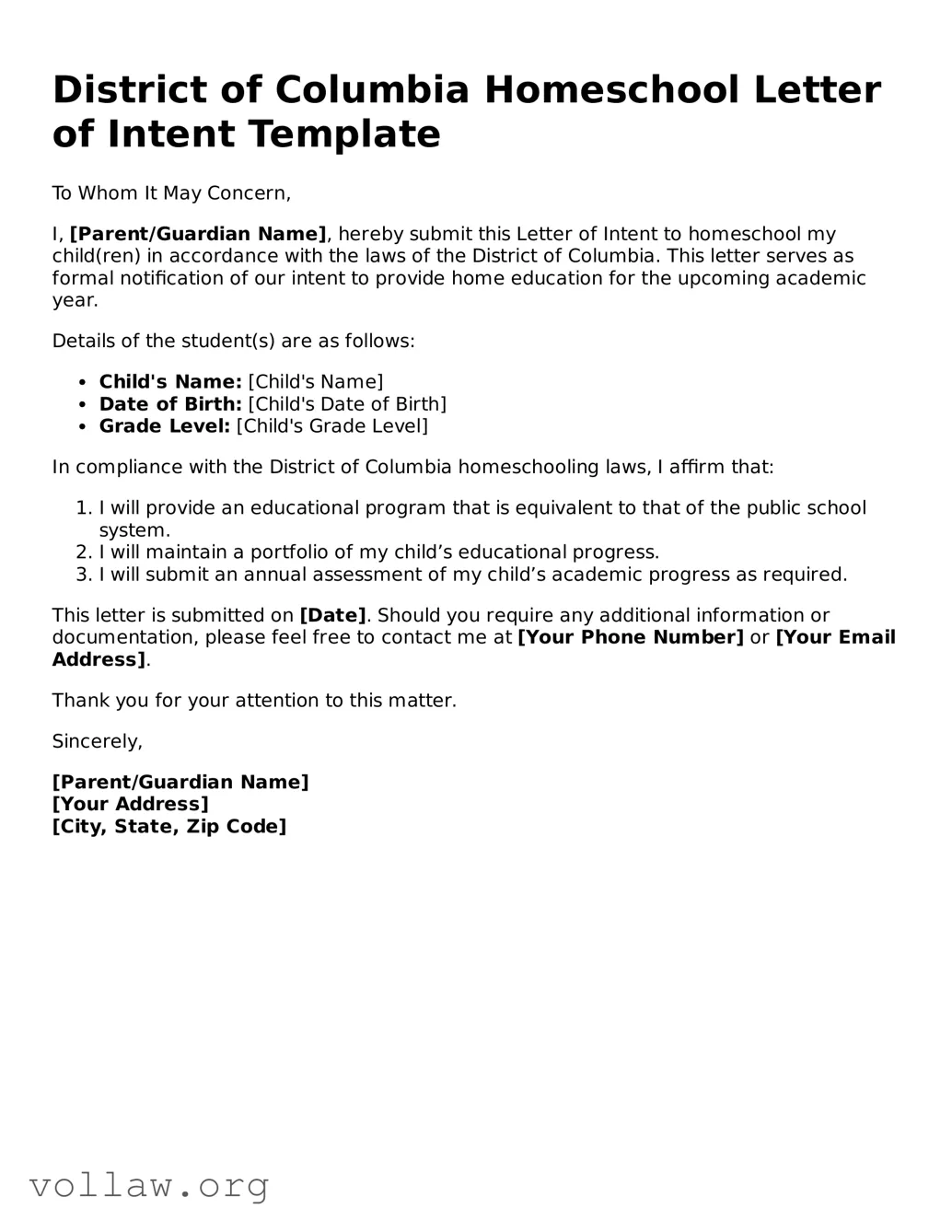 Attorney-Verified  Homeschool Letter of Intent Form for District of Columbia