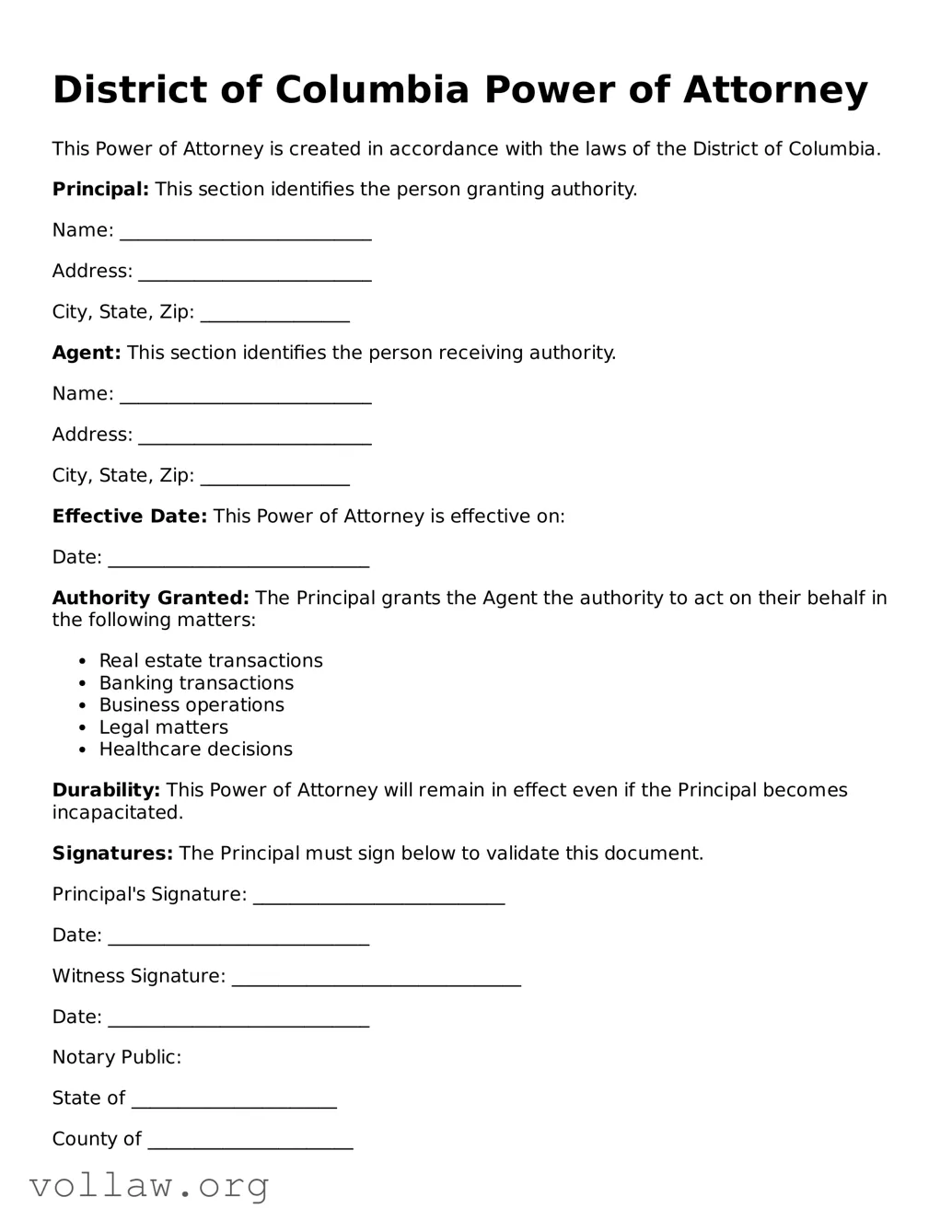 Attorney-Verified  Power of Attorney Form for District of Columbia