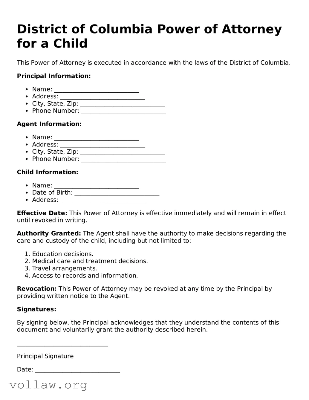 Attorney-Verified  Power of Attorney for a Child Form for District of Columbia