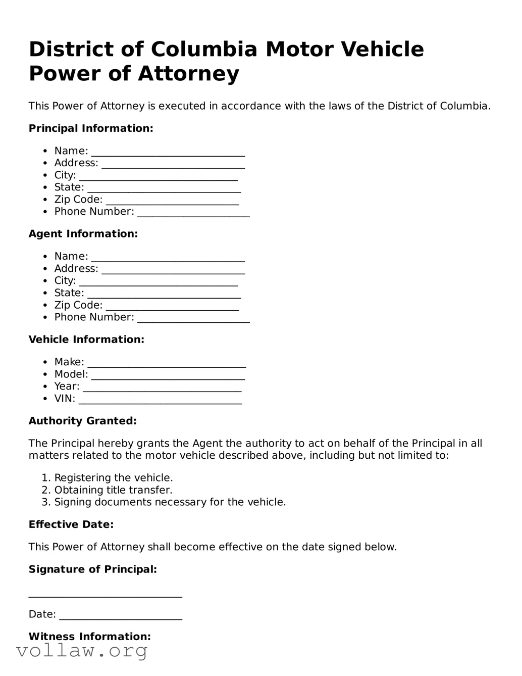 Attorney-Verified  Motor Vehicle Power of Attorney Form for District of Columbia