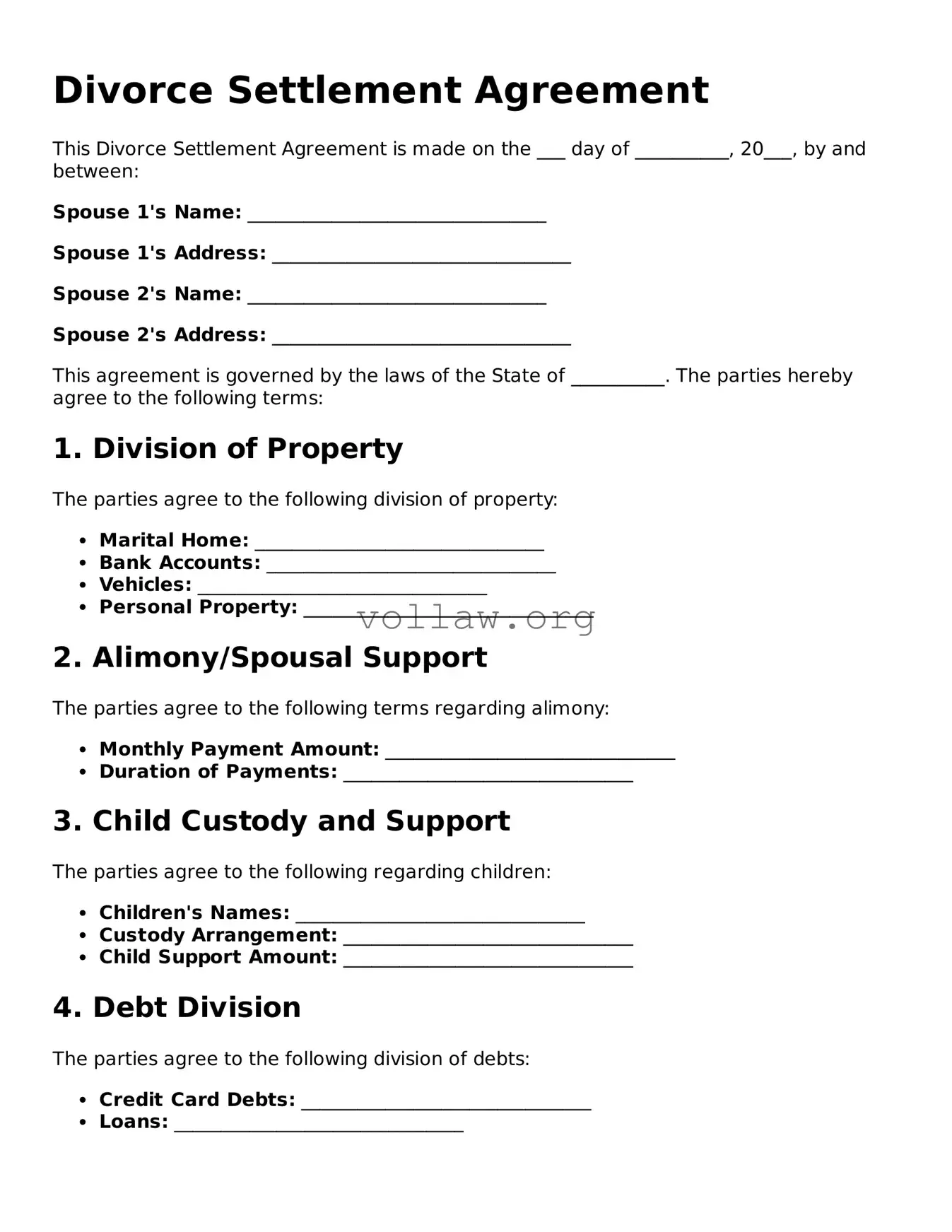 Free Divorce Settlement Agreement Form
