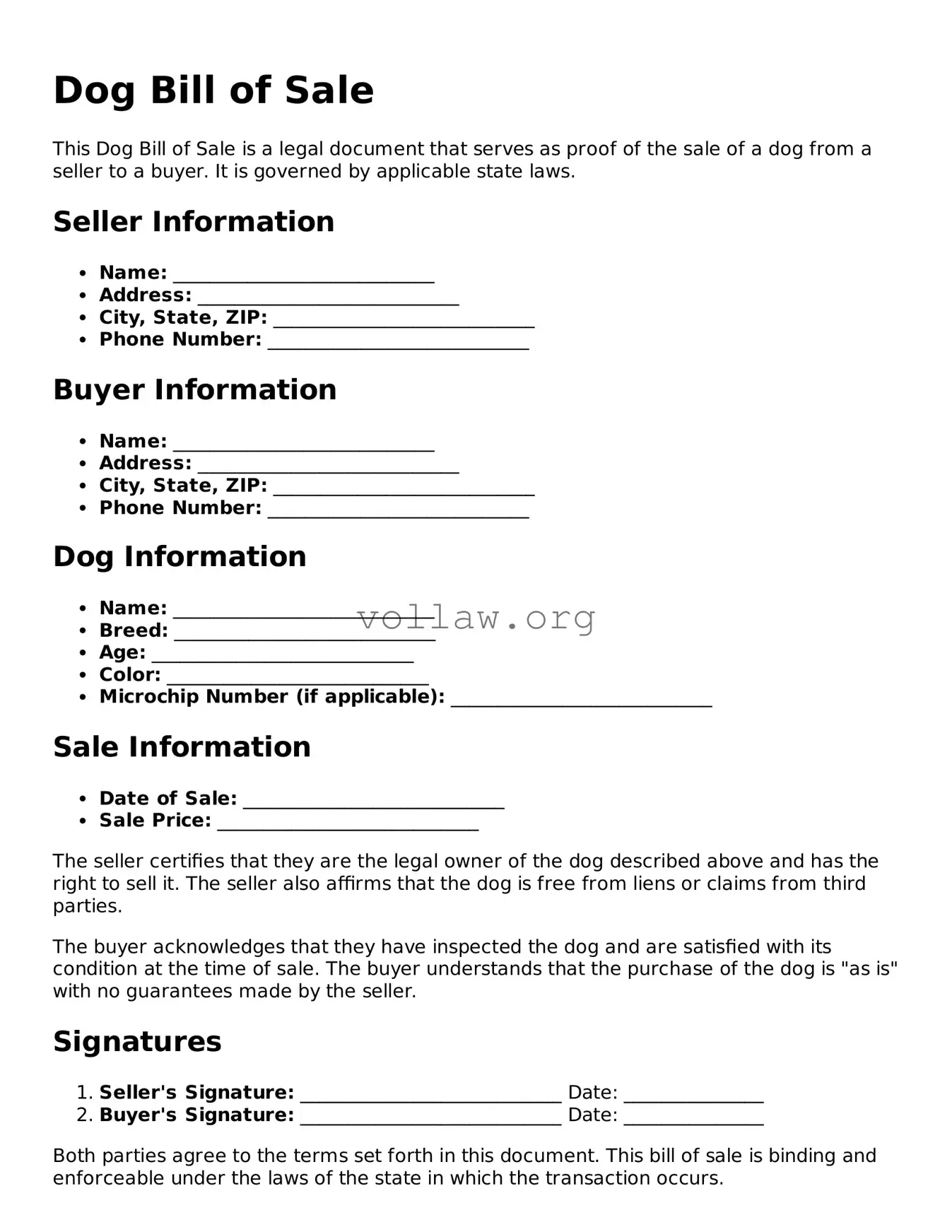 Free Dog Bill of Sale Form