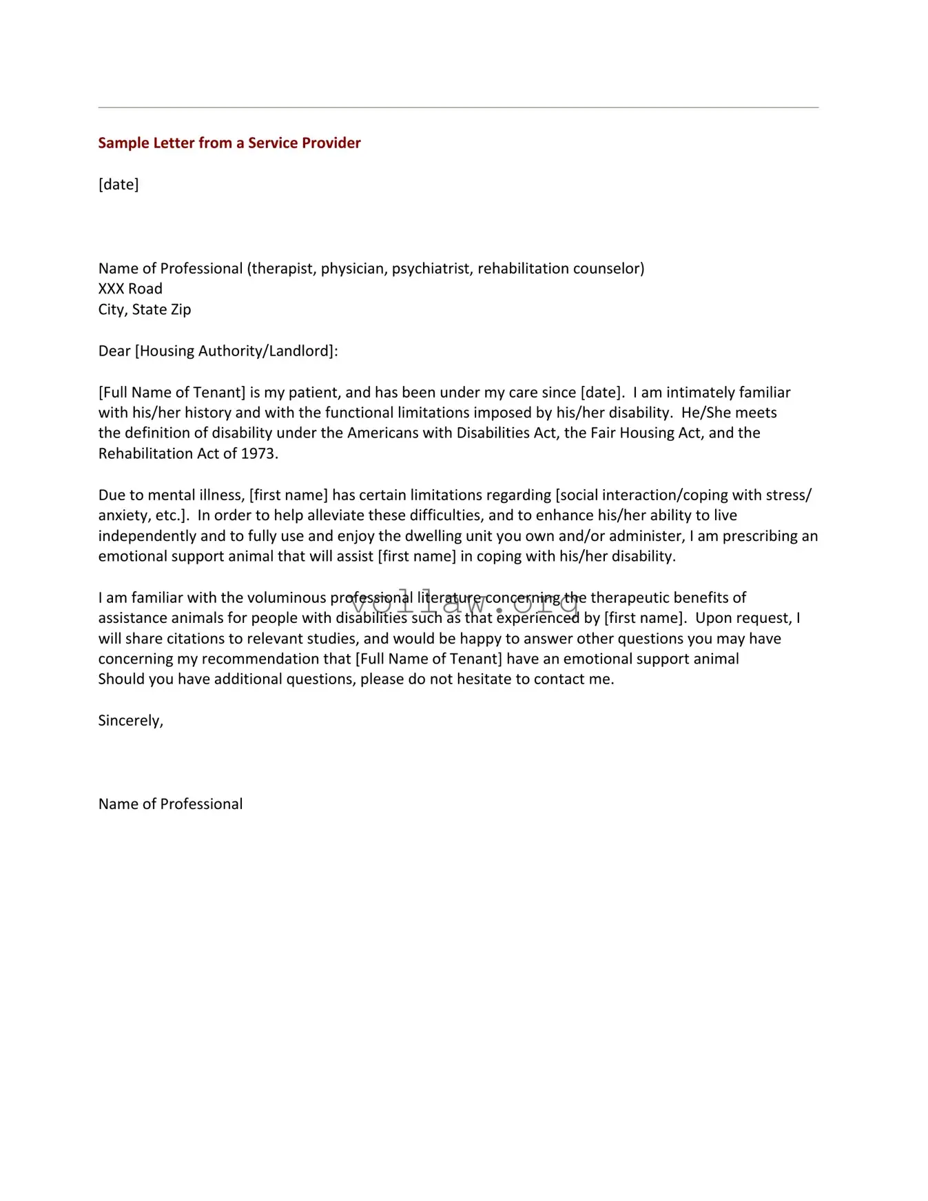 Emotional Support Animal Letter Template