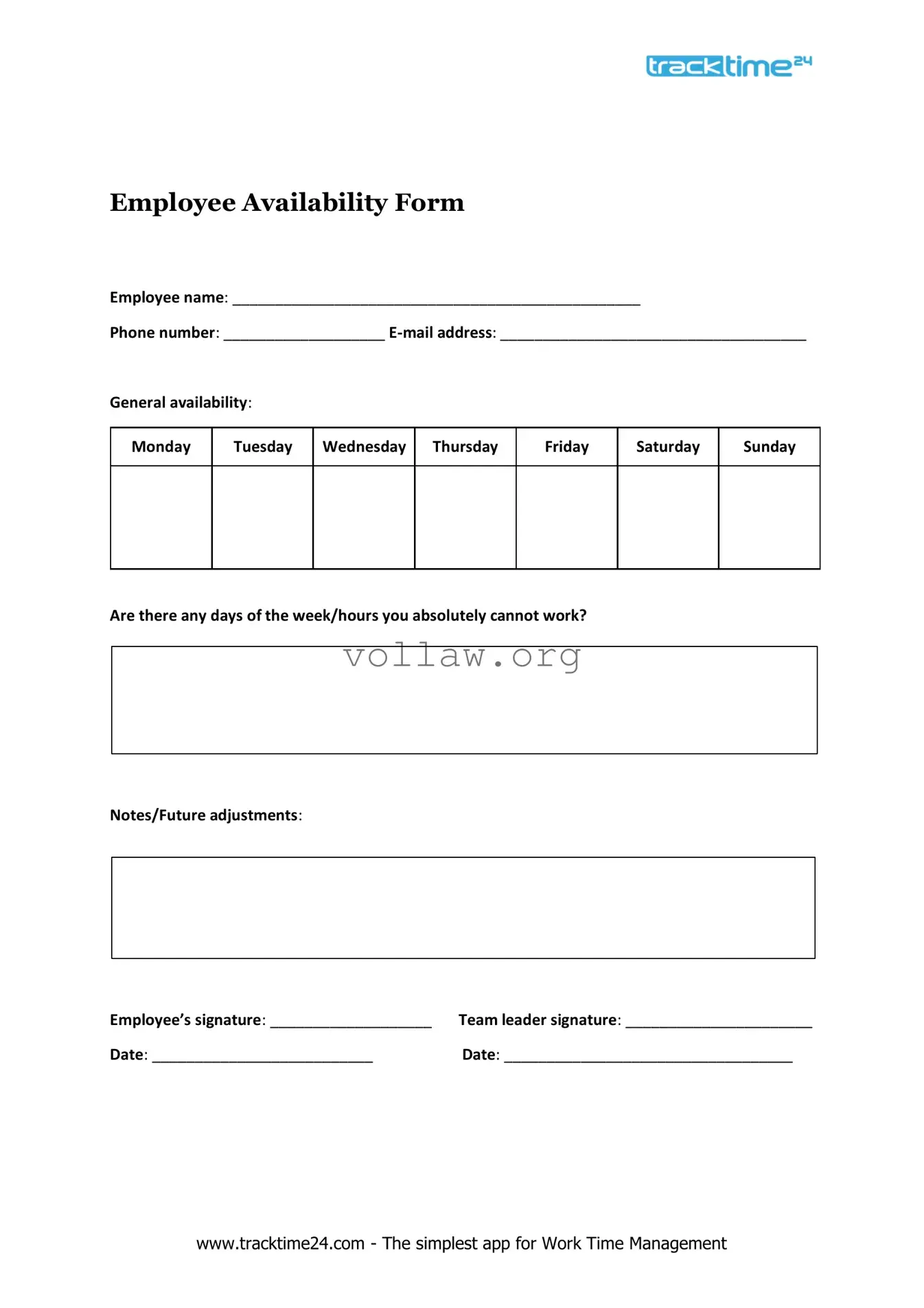 Employee Availability Template