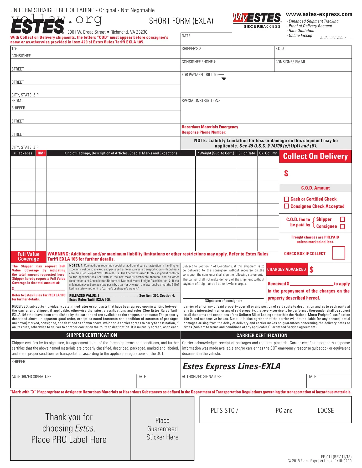 Estes Express Bill Of Lading Template
