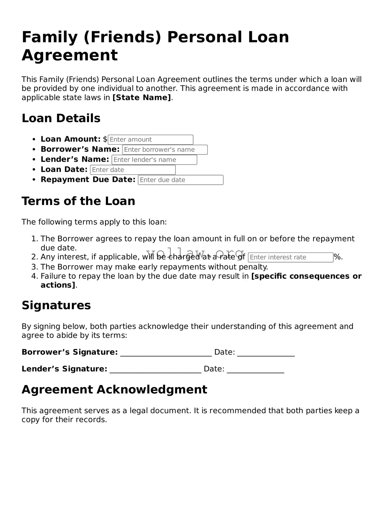 Free Family (Friends) Personal Loan Agreement Form