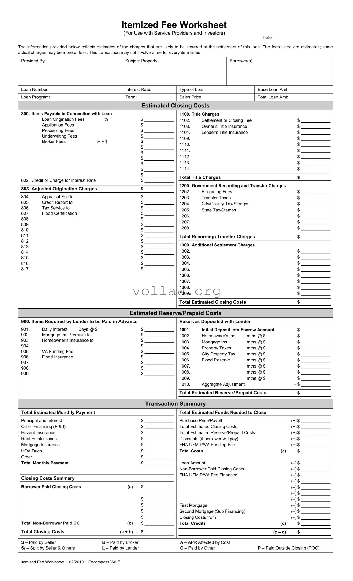 Fee Worksheet Template