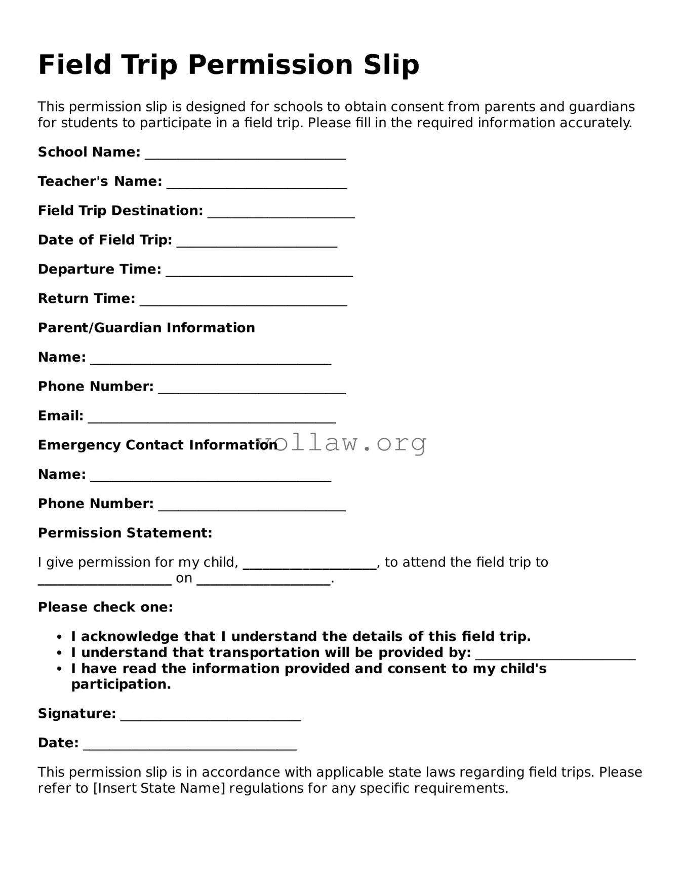 Free Field Trip Permission Slip Form