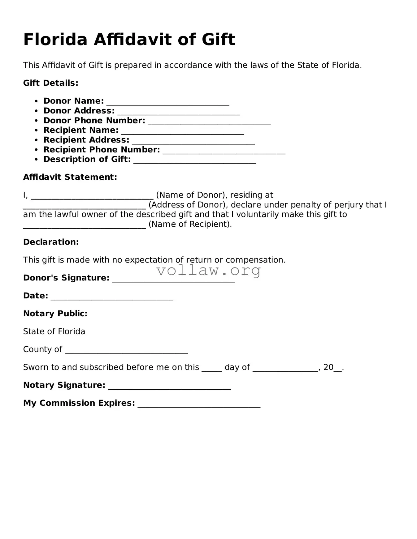 Attorney-Verified  Affidavit of Gift Form for Florida