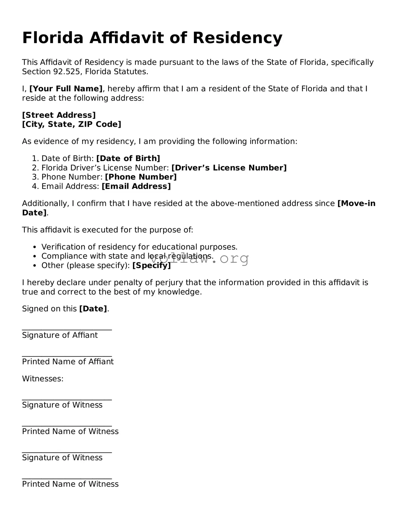 Attorney-Verified  Affidavit of Residency Form for Florida