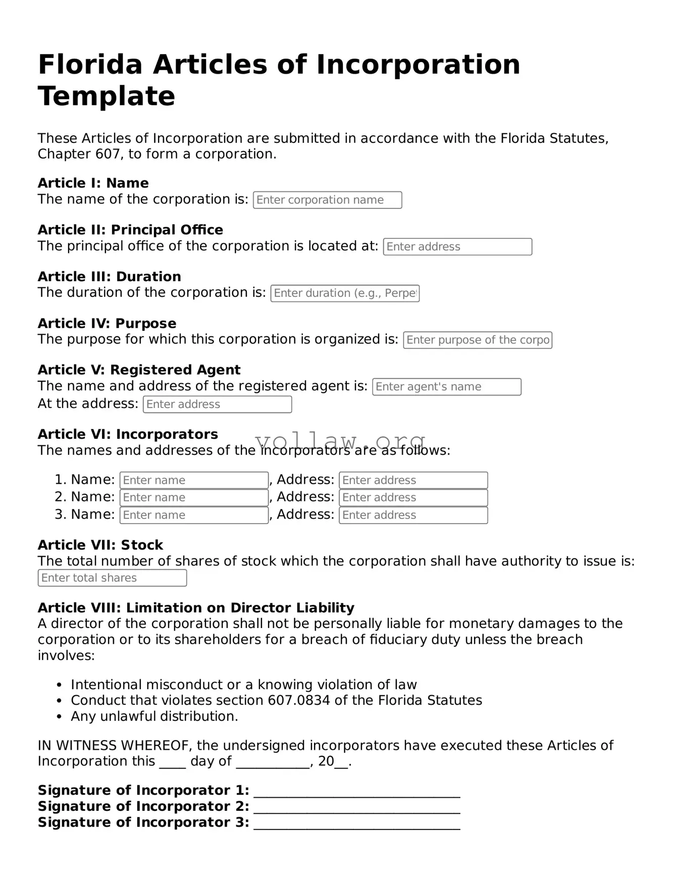 Attorney-Verified  Articles of Incorporation Form for Florida