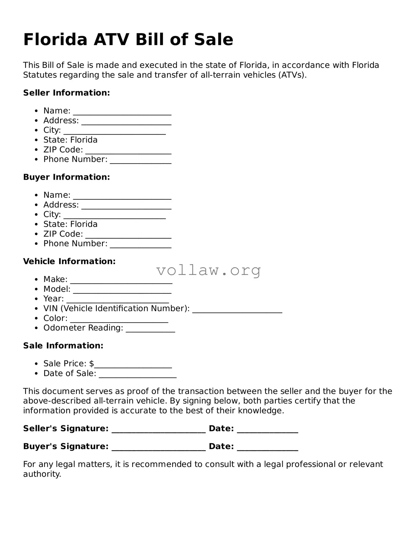 Attorney-Verified  ATV Bill of Sale Form for Florida