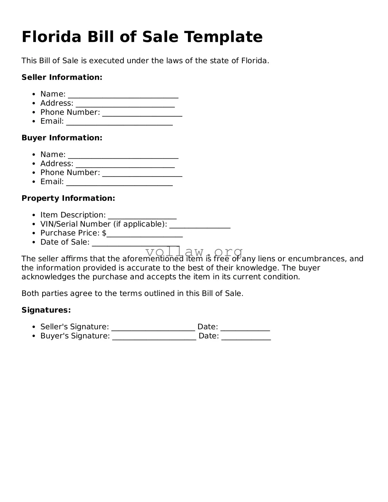 Attorney-Verified  Bill of Sale Form for Florida