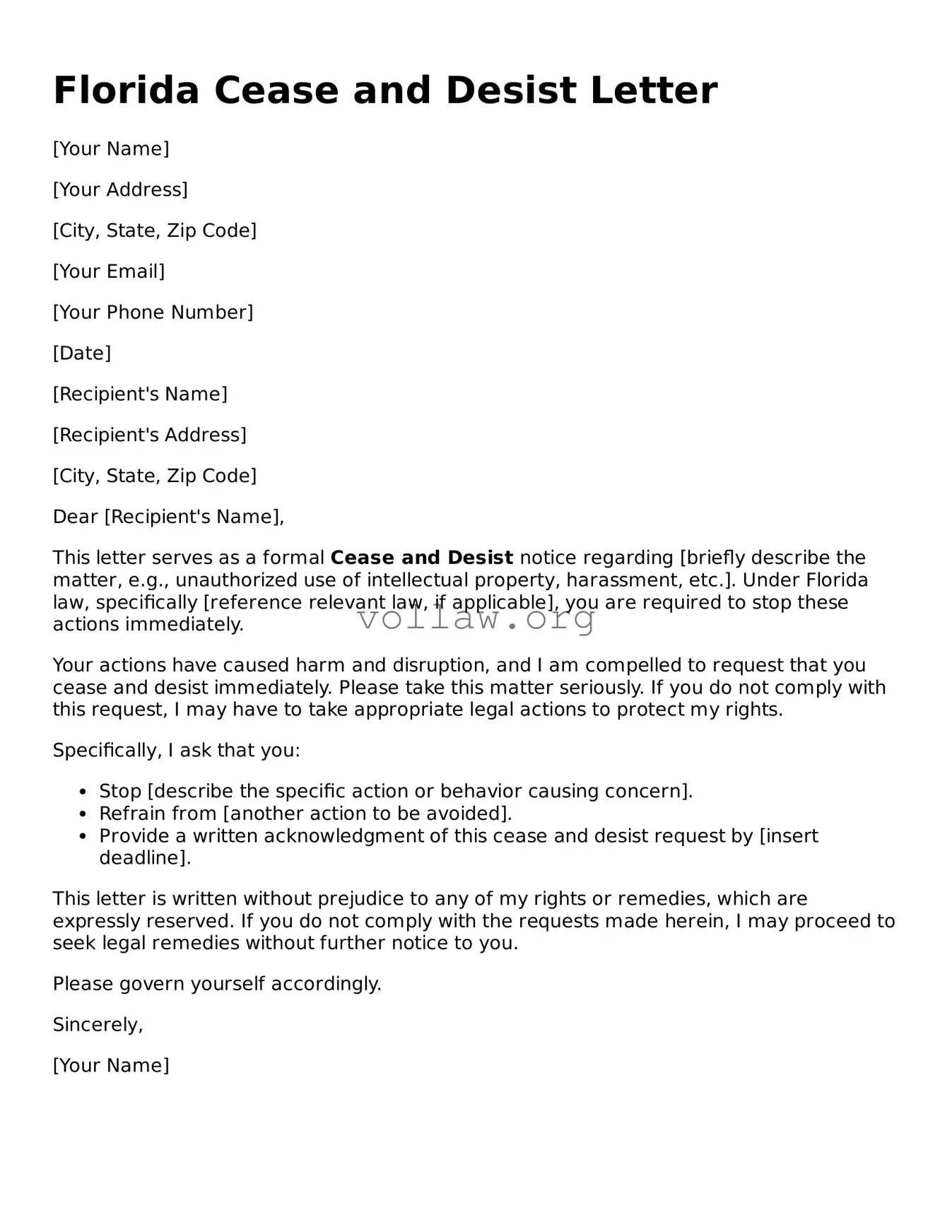 Attorney-Verified  Cease and Desist Letter Form for Florida