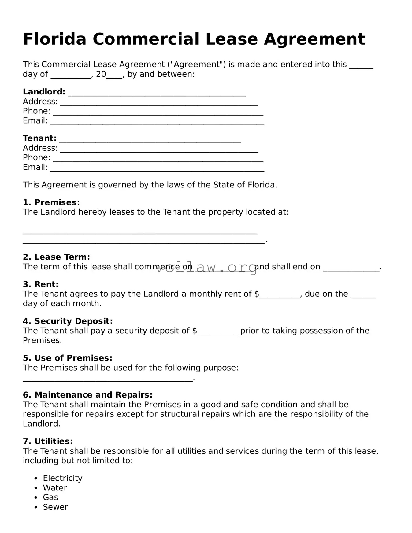 Attorney-Verified  Commercial Lease Agreement Form for Florida