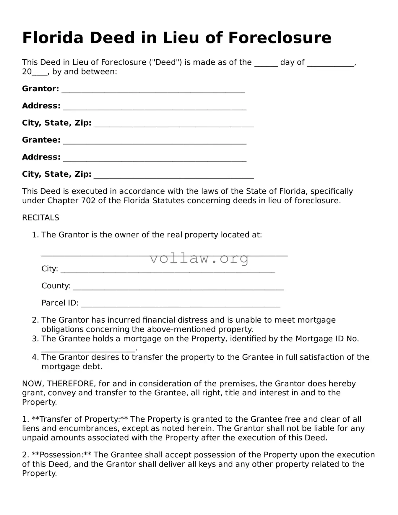 Attorney-Verified  Deed in Lieu of Foreclosure Form for Florida