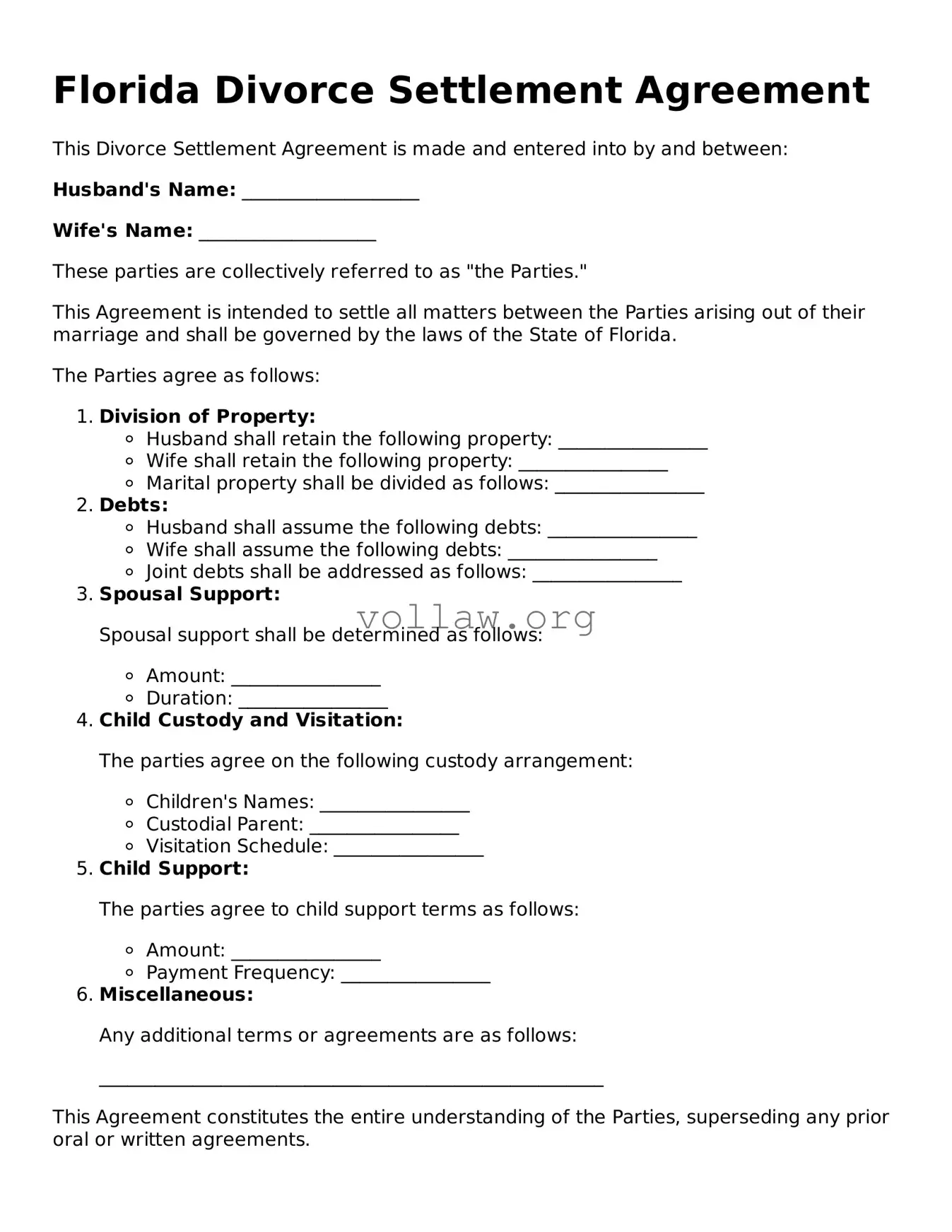 Attorney-Verified  Divorce Settlement Agreement Form for Florida