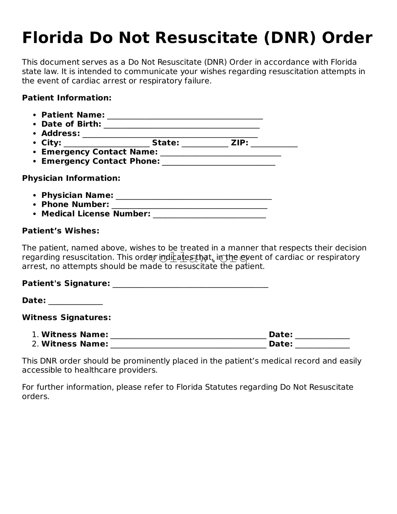Attorney-Verified  Do Not Resuscitate Order Form for Florida