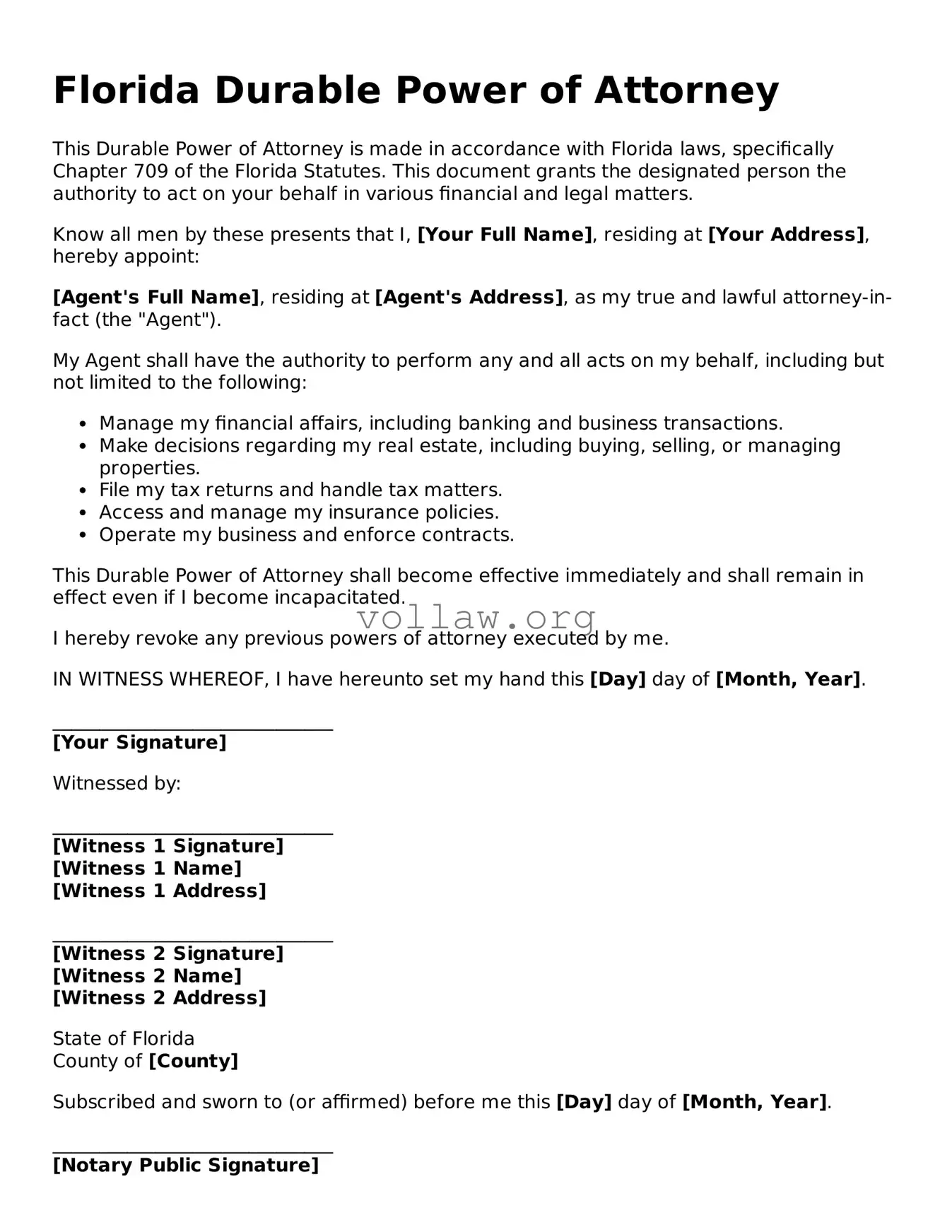 Attorney-Verified  Durable Power of Attorney Form for Florida