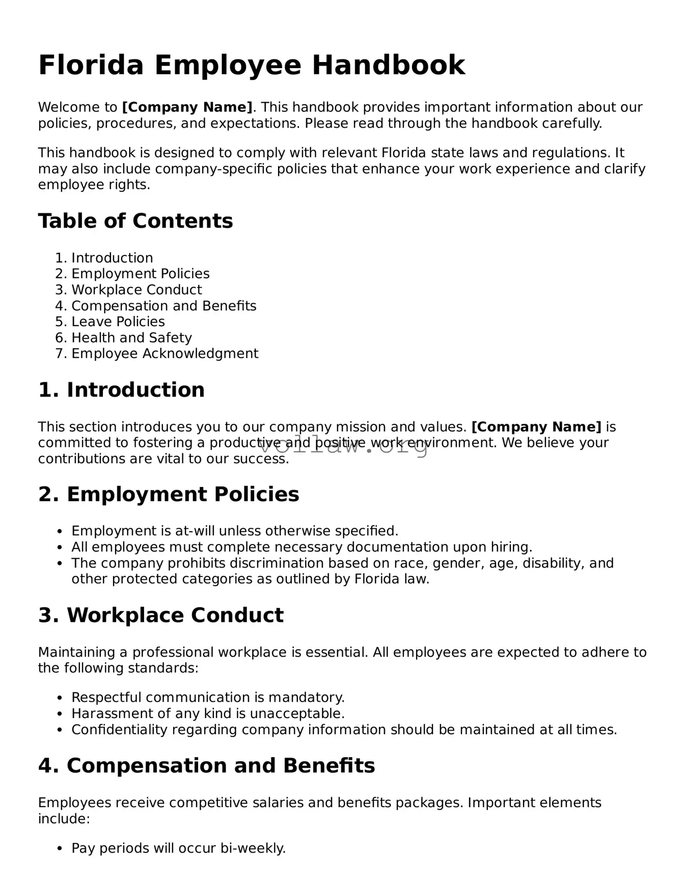 Attorney-Verified  Employee Handbook Form for Florida