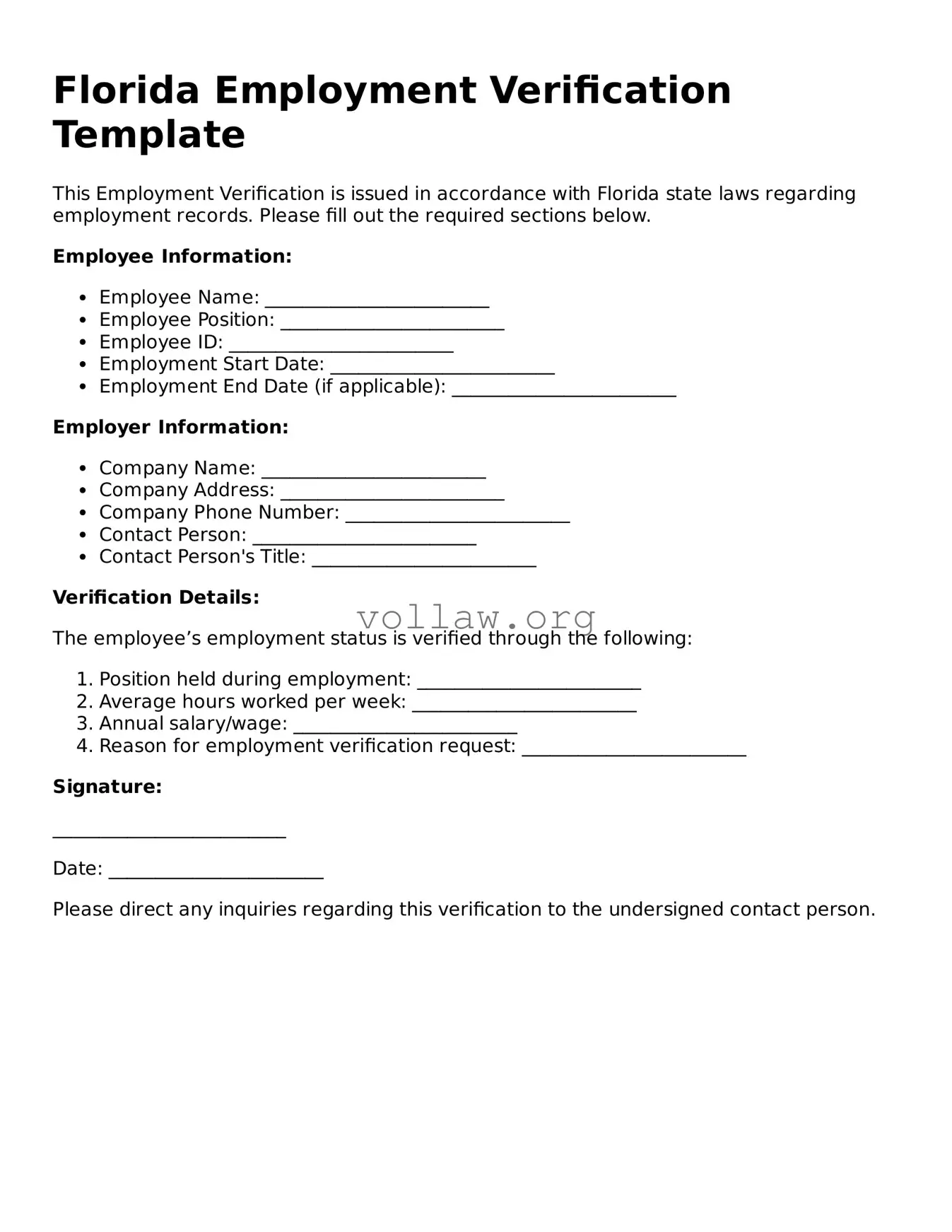 Attorney-Verified  Employment Verification Form for Florida