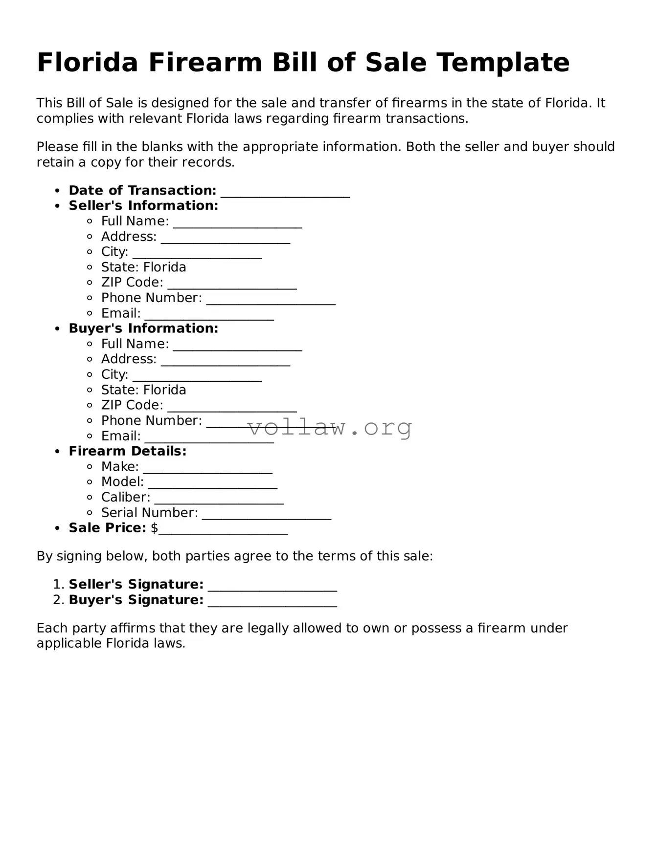 Attorney-Verified  Firearm Bill of Sale Form for Florida