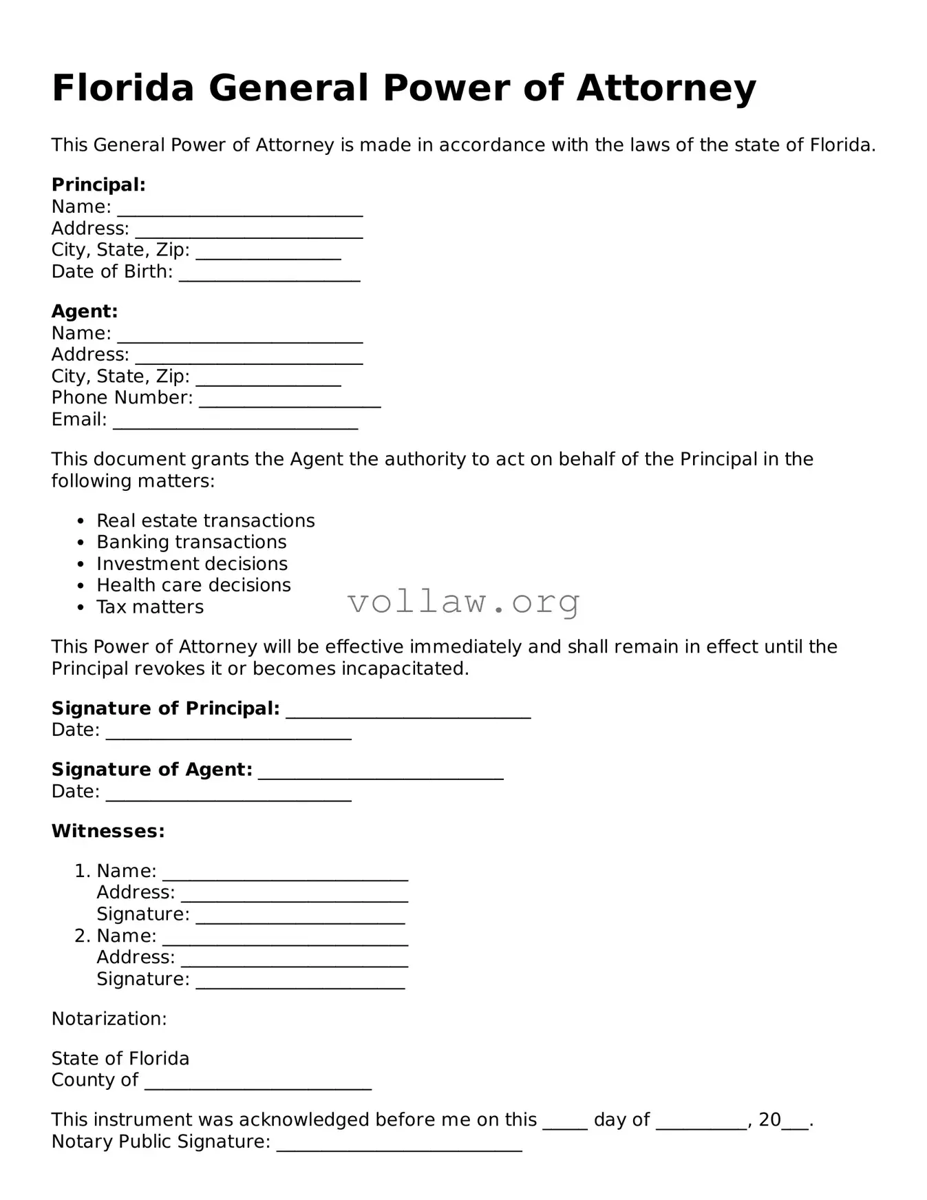 Attorney-Verified  General Power of Attorney Form for Florida