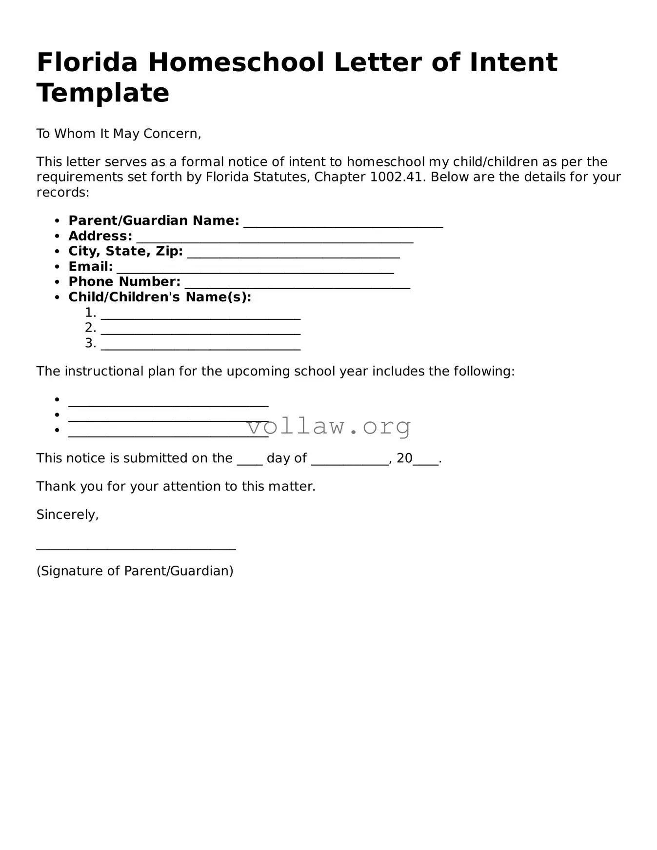 Attorney-Verified  Homeschool Letter of Intent Form for Florida