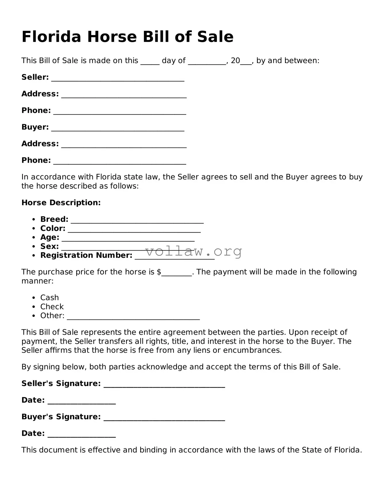Attorney-Verified  Horse Bill of Sale Form for Florida