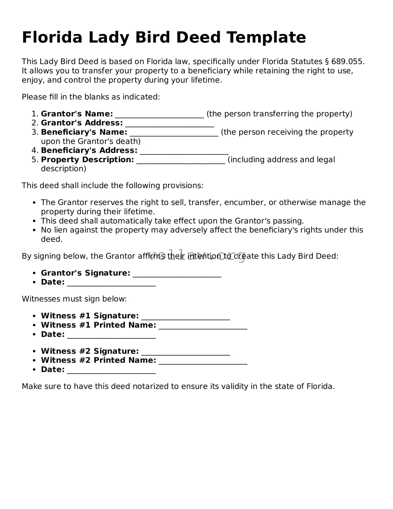 Attorney-Verified  Lady Bird Deed Form for Florida