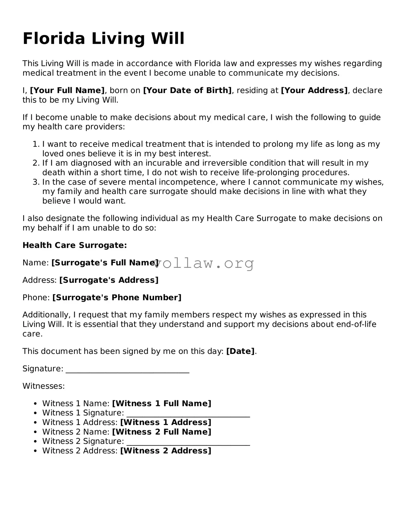 Attorney-Verified  Living Will Form for Florida