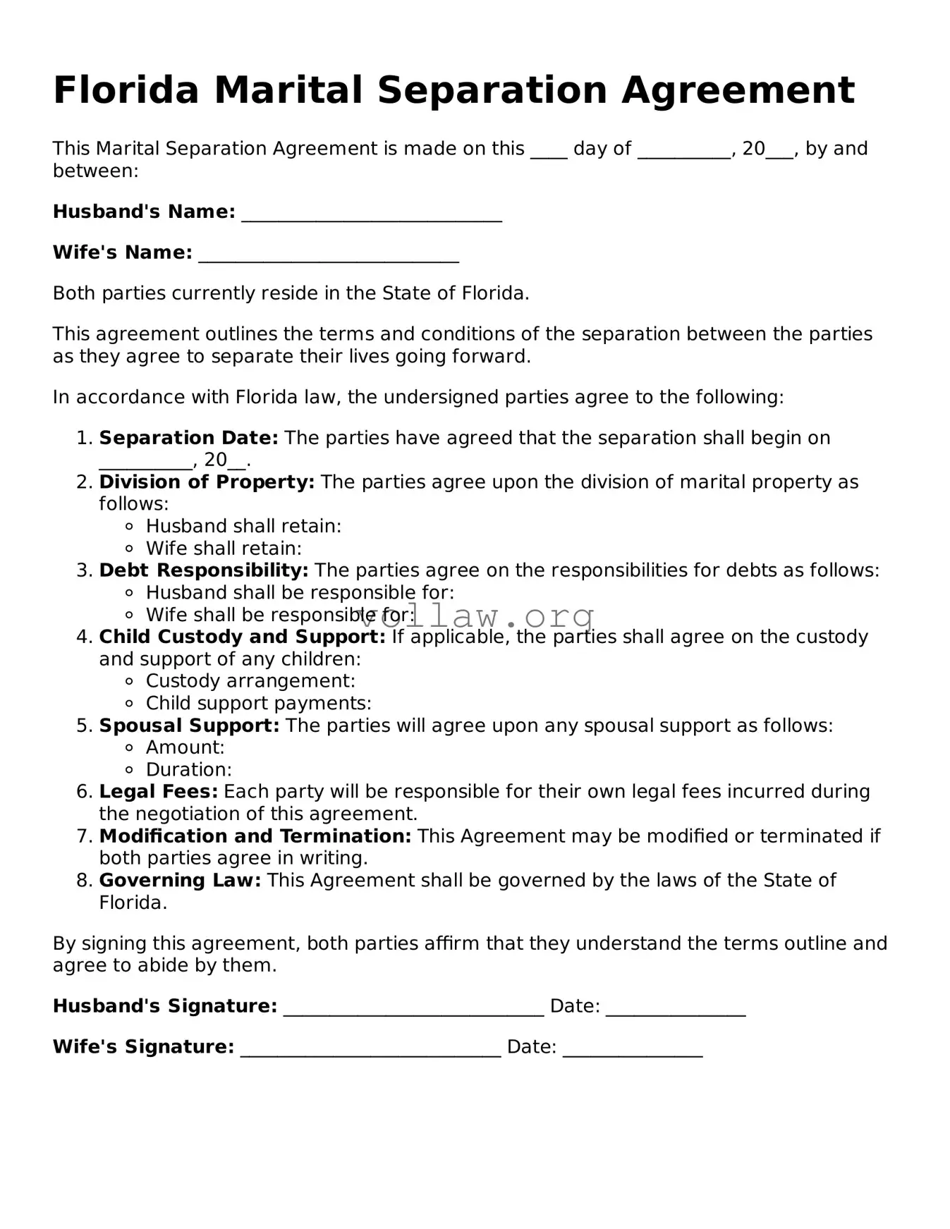 Attorney-Verified  Marital Separation Agreement Form for Florida
