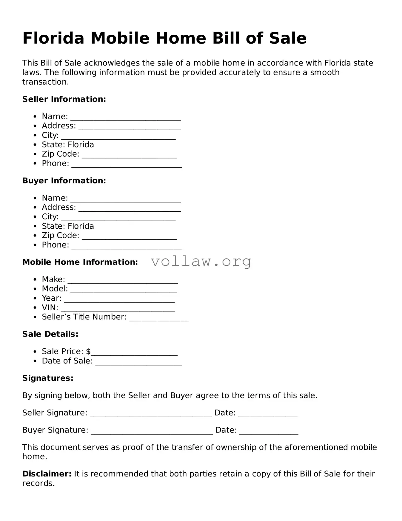 Attorney-Verified  Mobile Home Bill of Sale Form for Florida