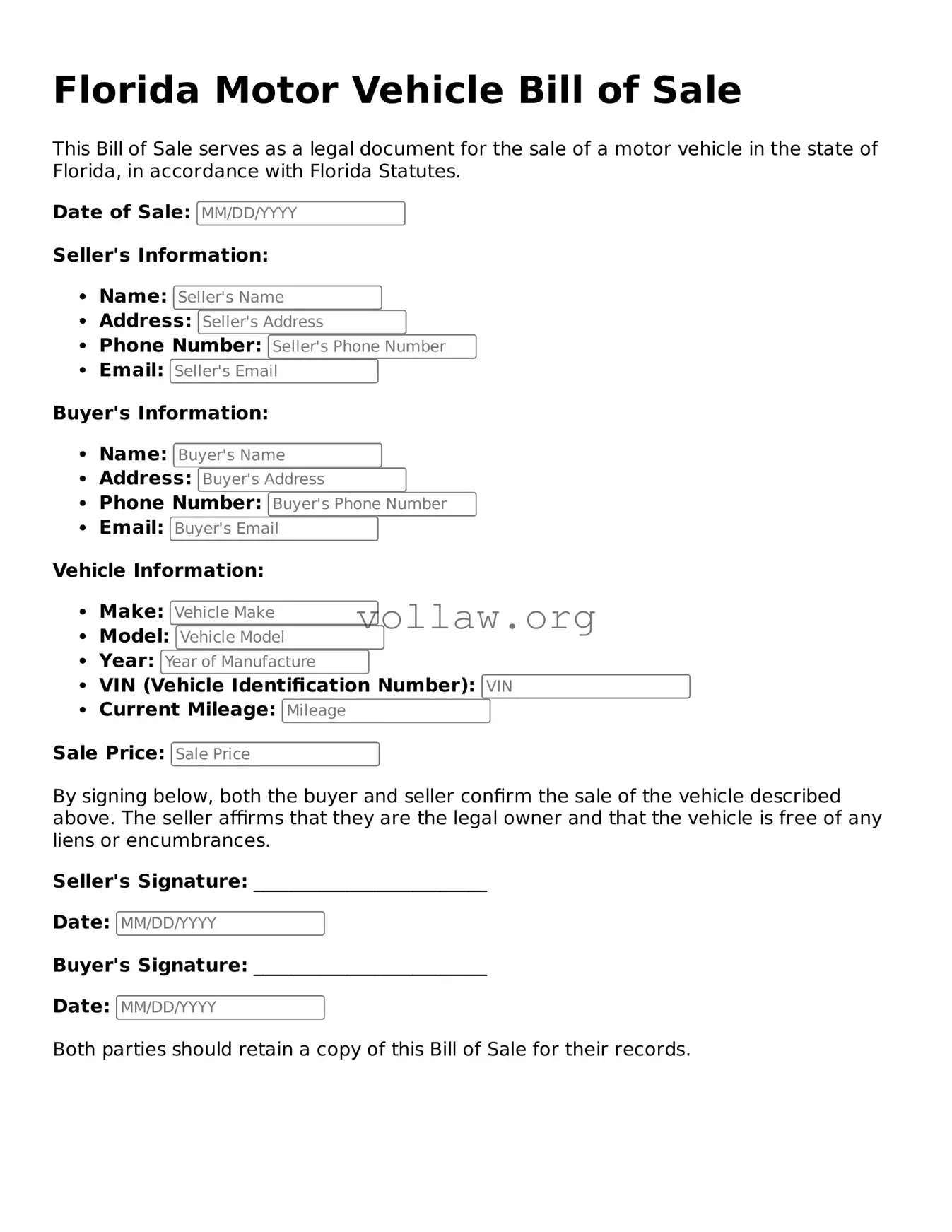 Attorney-Verified  Motor Vehicle Bill of Sale Form for Florida