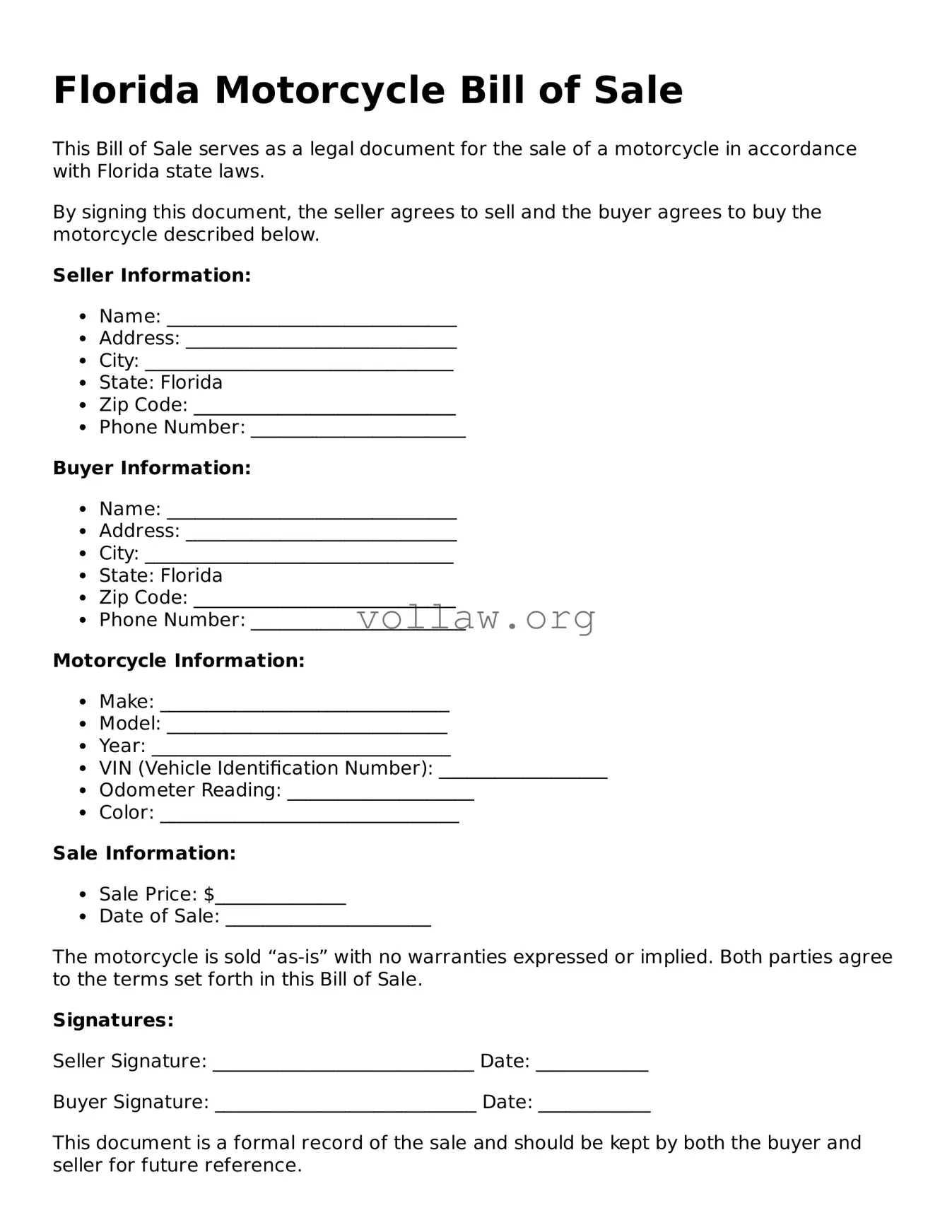 Attorney-Verified  Motorcycle Bill of Sale Form for Florida