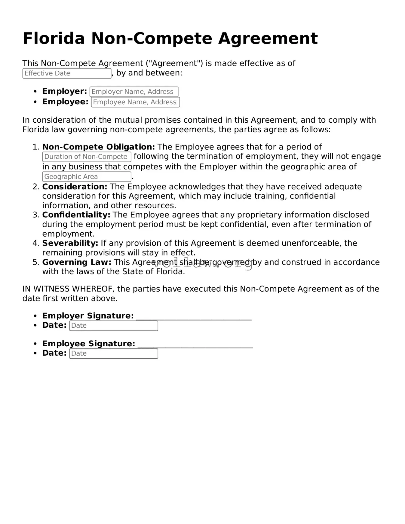 Attorney-Verified  Non-compete Agreement Form for Florida