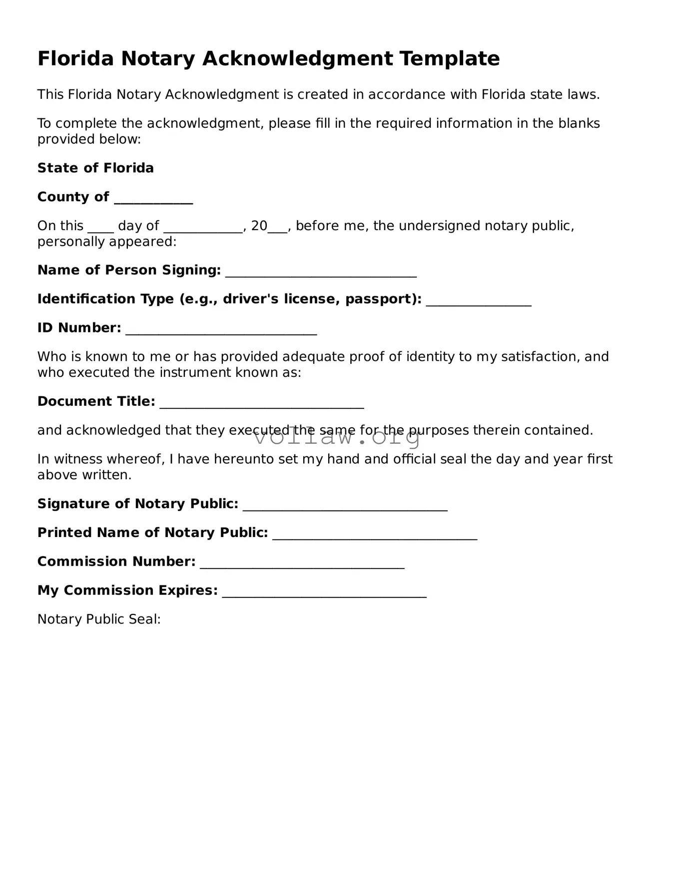 Attorney-Verified  Notary Acknowledgement Form for Florida