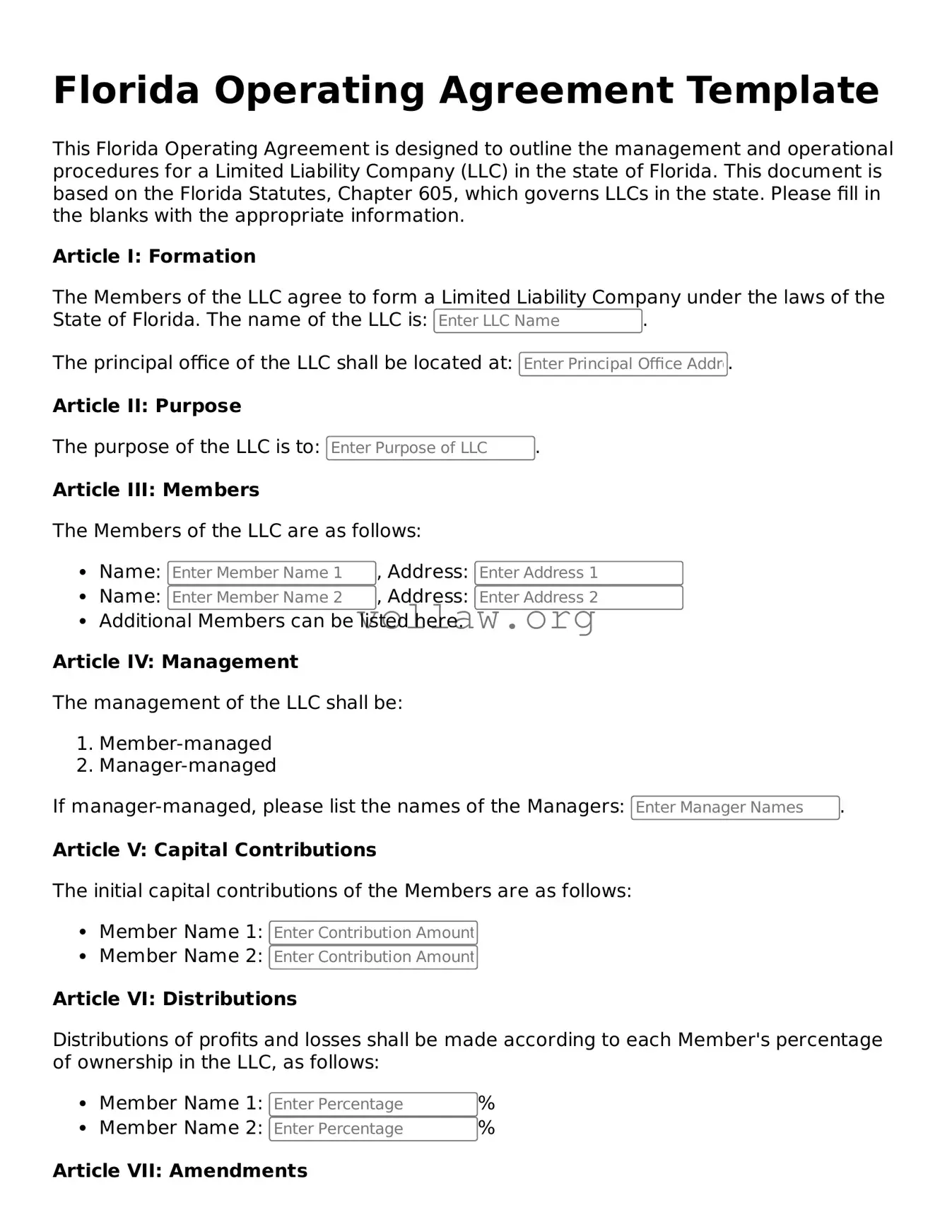 Attorney-Verified  Operating Agreement Form for Florida